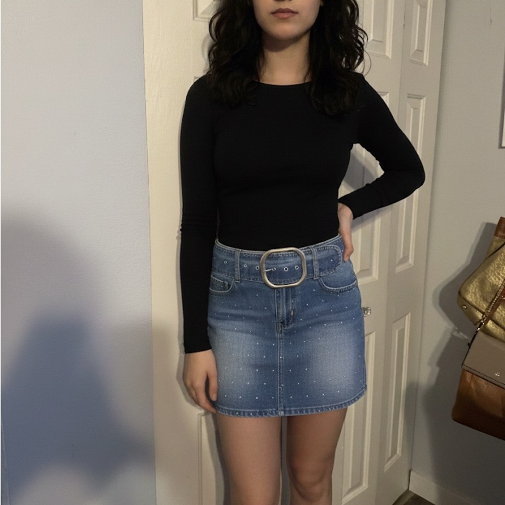 Stylish Blue Denim Mini Skirt with Rhinestone Details